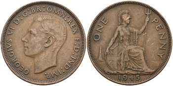 Великобритания 1 пенни 1945 Георг VI (1936-1952) KM 845, Spink 4114 бронза 4574-134
