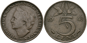 НИДЕРЛАНДЫ 5 ЦЕНТОВ 1948 ВИЛЬГЕЛЬМИНА KM 176 бронза 95-235