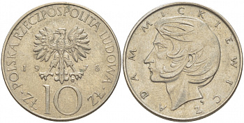 ПОЛЬША 10 ЗЛОТЫХ 1976 MW, АДАМ МИЦКЕВИЧ KM 74 медно-никель 4519-1044
