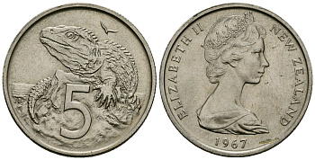 Новая Зеландия 5 центов 1967 Елизавета II (1952-2022), ящерица гаттерия KM 34 медно-никель 4166-515
