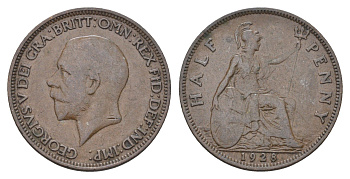 Великобритания 1/2 пенни 1928 Георг V (1910-1936) KM 837, Spink 4058 бронза    4660-547