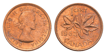 Канада 1 цент 1963 Елизавета II (1952-2022), кленовый лист KM 49 бронза 4639-322