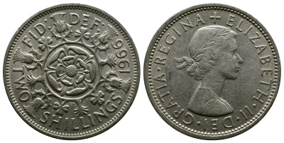 Великобритания 2 шиллинга (флорин) 1966 Елизавета II (1952-2022) KM 906, Spink 4146 медно-никель 4382-626