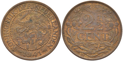 НИДЕРЛАНДЫ 2 1/2 ЦЕНТА 1941 ВИЛЬГЕЛЬМИНА KM 150 бронза 31-957