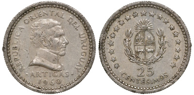 Уругвай 25 сентесимо 1960 KM 40 медно-никель 4169-848