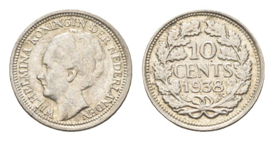 Нидерланды 10 центов 1938 Вильгельмина I (1890-1948) KM 163 серебро 4674-1049