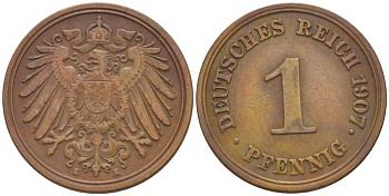 ГЕРМАНИЯ 1 ПФЕННИГ 1907 E KM 10, J. 10, Weege 2 медь 211-356