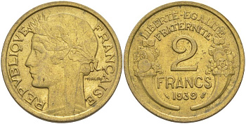 ФРАНЦИЯ 2 ФРАНКА 1939 ТИП MORLON KM 886, LE FRANC 268.12 алюминиевая бронза 3855-144