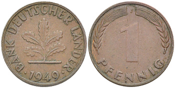 ФРГ 1 ПФЕННИГ 1949 J KM A101, J. 376 сталь плакированная медью 4181-531