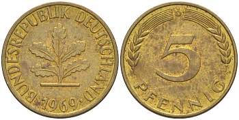 ФРГ 5 пфеннигов 1969 D KM 107, J. 382 сталь плакированная латунью 4514-344