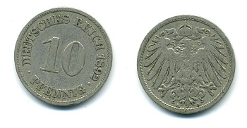 ГЕРМАНИЯ 10 ПФЕННИГОВ 1892 A KM 12, J. 13 медно-никель 54-454