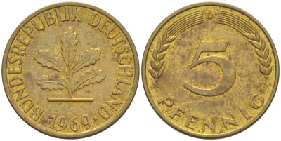 ФРГ 5 пфеннигов 1969 D KM 107, J. 382 сталь плакированная латунью 4514-344
