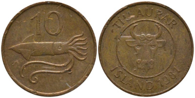 Исландия 10 эйре 1981 кальмар KM 25 бронза 211-854