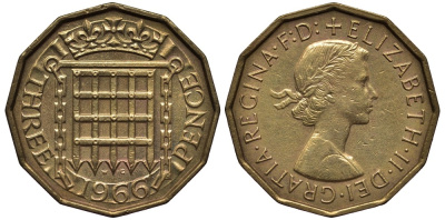 Великобритания 3 пенса 1966 Елизавета II (1952-2022) KM 900, Spink 4153 никель латунь 4538-1133