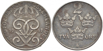 Швеция 2 эре 1947 Густав V (1907-1950) KM 811 железо 4402-321