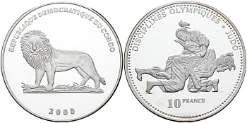 Конго 10 франков 2000 олимпийские дисциплины, дзюдо KM 52 серебро PROOF 04-319-24