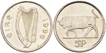 Ирландия 5 пенсов 1996 бык KM 28 медно-никель UNC 4580-937