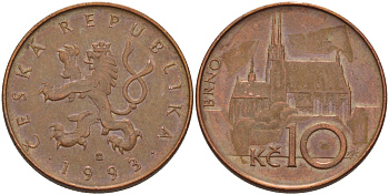 ЧЕХИЯ 10 КРОН 1993 КАФЕДРАЛЬНЫЙ СОБОР ГОРОДВ БРНО KM 4 сталь плакированная медью 57-354