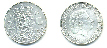 Нидерланды 2 1/2 гульдена 1964 Юлиана (1948-1980) KM 185 серебро 83-633
