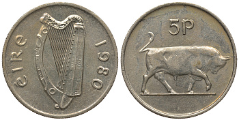 ИРЛАНДИЯ 5 ПЕНСОВ 1980 БЫК KM 22 медно-никель 51-514