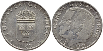 Швеция 1 крона 1990 Карл XVI Густав (1973- ) KM 852a медно-никель 4398-1222