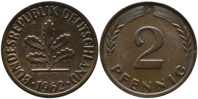 ФРГ 2 пфеннига 1962 F KM 106, J.381 бронза 99-126