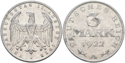 Германия 3 марки 1922 A, третья годовщина Веймарской Конституции KM 29, J.303 алюминий 4587-334