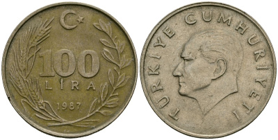 Турция 100 лир 1987 KM 967 медь цинк никель 115-633