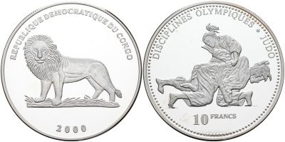 Конго 10 франков 2000 олимпийские дисциплины, дзюдо KM 52 серебро PROOF 00-00