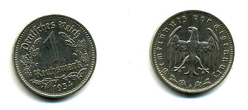 ГЕРМАНИЯ 1 РЕЙХСМАРКА 1934 A J. 354, KM 78 никель 179-924