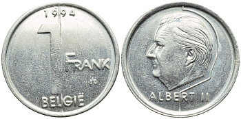 БЕЛЬГИЯ 1 ФРАНК 1994 BELGIE, АЛЬБЕРТ II (1993-) KM 188 железо плакированное никелем 4392-865