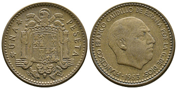 Испания 1 песета 1953 (56) Франциско Франко (1939-1975) KM 775 алюминиевая бронза 4110-1422