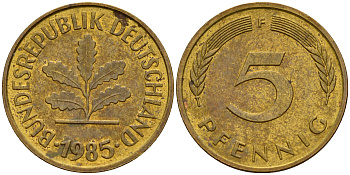 ФРГ 5 пфеннигов 1985 F J.382, KM 107 сталь плакированная латунью    4598-1039
