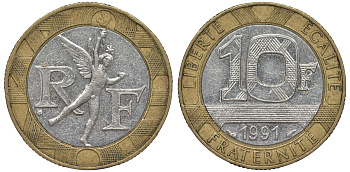 Франция 10 франков 1991 тип Гений Бастилии KM 964.1, Le Frank 375.6 биметалл 45-825