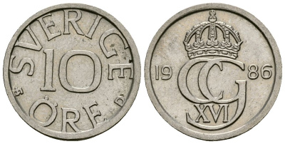 Швеция 10 эре 1986 Карл XVI Густав (1973- ) KM 850 медно-никель 4173-1036