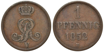 Ганновер 1 пфенниг 1852 B, Георг V, год тип KM 216, AKS 154, J. 82 медь 4594-269