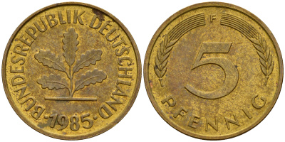 ФРГ 5 пфеннигов 1985 F J.382, KM 107 сталь плакированная латунью    4598-1039