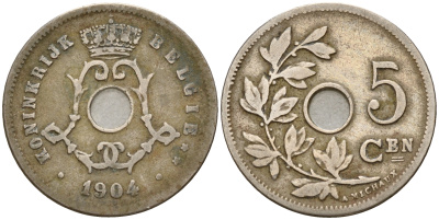 Бельгия 5 сантимов 1904 Belgen KM 55 медно-никель    4598-753