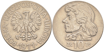 ПОЛЬША 10 ЗЛОТЫХ 1971 MW, ТАДЕУШ КОСТЮШКО KM 50a медно-никель 4111-243