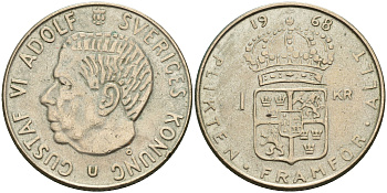 Швеция 1 крона 1968 U, Густав VI Адольф (1950-1973) KM 826 серебро 4161-633