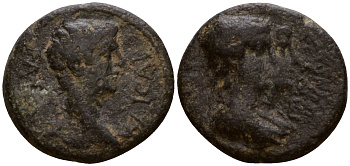 Римская Империя, Провинция Азия, Кария, Филадельфия (Неокесария) AE 37 - 41 Калигула, бюст императора / бюсты Диоскуров (Very rare) RPC 3018 бронза 1100-8-23