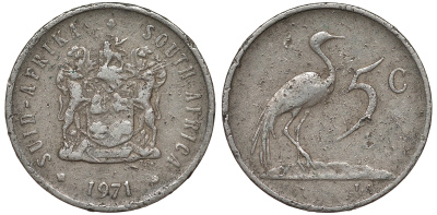 ЮАР 5 центов 1971 герб, райский журавль KM 84 никель 62-1156