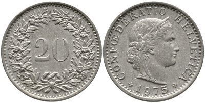 Швейцария 20 раппенов 1975 KM 29а медно-никель 4539-622