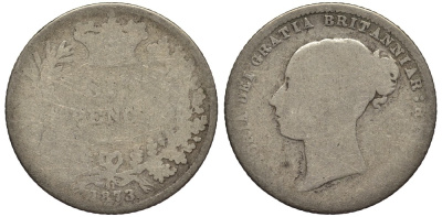 Великобритания 6 пенсов 1873 Виктория (1837-1901) KM 751.1, Spink 3910 серебро 4538-1156