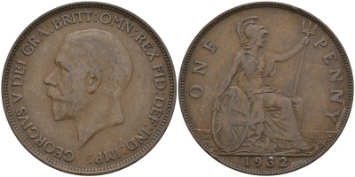 Великобритания 1 пенни 1932 Георг V (1910 - 1936) KM 838 бронза 4144-843