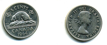 КАНАДА 5 ЦЕНТОВ 1964 БОБЕР KM 57 никель 04-413