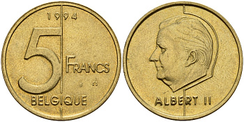Бельгия 5 франков 1994 Belgique KM 189 алюминиевая бронза 4179-637