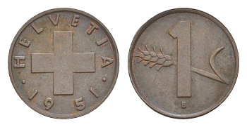 Швейцария 1 раппен 1951 B KM 46 бронза 4532-234