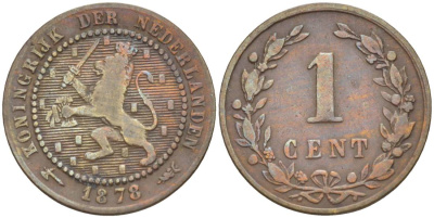 Нидерланды 1 цент 1878 Виллем III (1849-1890) KM 107 бронза 4547-1255