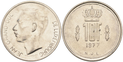 Люксембург 10 франков 1977 Герцог Жан (1964-1999) KM 57 никель 4571-754